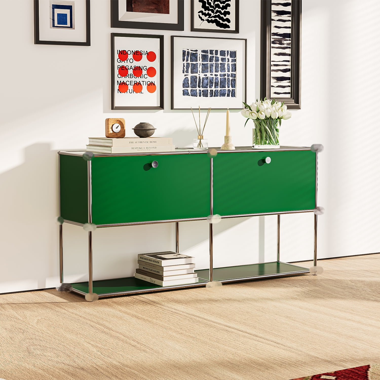 Raffle Pinker Freestanding Storage Cabinets 2-Layer Metal Cabinets with 2 Doors and Shelves for Garage,Living Room,Kitchen,Green