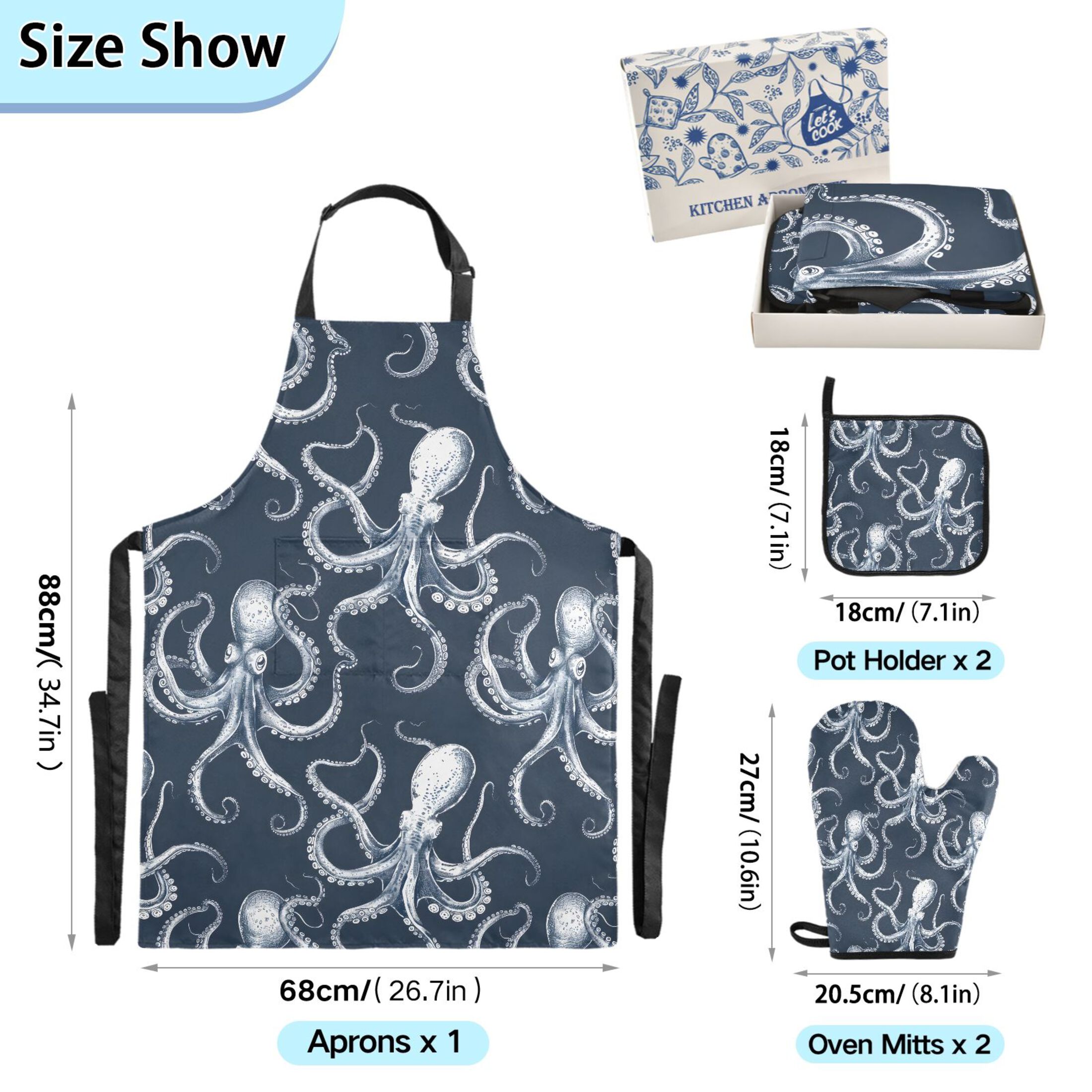 5 Pcs Kitchen Set Heat Resistant Oven Mitts and Non-Slip Pot Holders with Adjustable Cooking Apron Octopus Sketchy