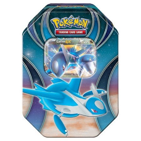 2016 pokemon trading cards best of ex tins con latios collector tin lata coleccionable multicolor, vista frontal centrada; lata octogonal con fondo estrellado azul y púrpura, logo 'Pokémon Trading Card Game' en la parte superior, ventana que muestra una carta holográfica Latios-EX y arte de Latios volando en la cara frontal; producto de importación que incluye tarjeta promocional y cuatro sobres de refuerzo aleatorios según especificación.