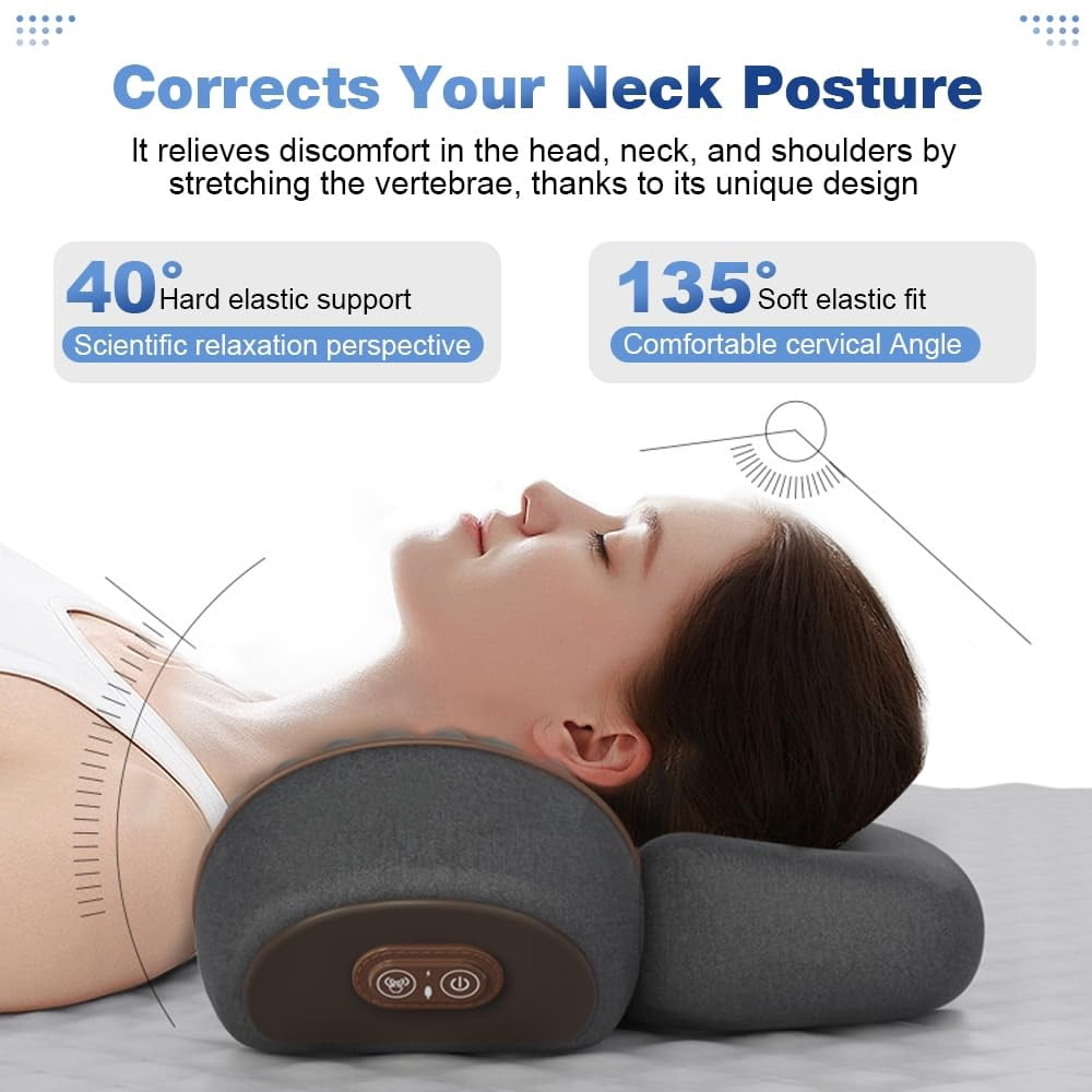 Pillow Massage Neck Hump, 3-in-1 Cervical Pillows Traction Massager, Heated Massage Neck Pillow Memory Foam with Rechargeable Grey