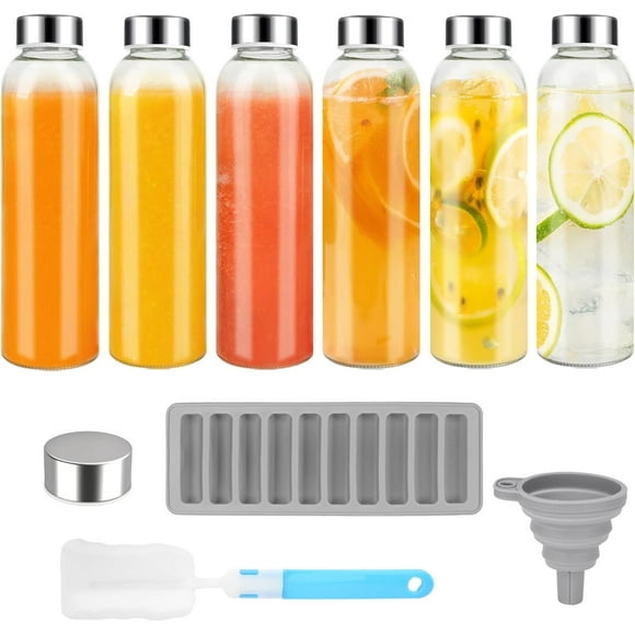 UTAH-24 oz Glass Juice Bottles with Lids for Juicing, Reusable Clear Glass Water Bottles with Stainless Steel Airtight Cap for Refrigerator, 100% Leak Proof, BPA Free, ECO Friendly, Set of 6