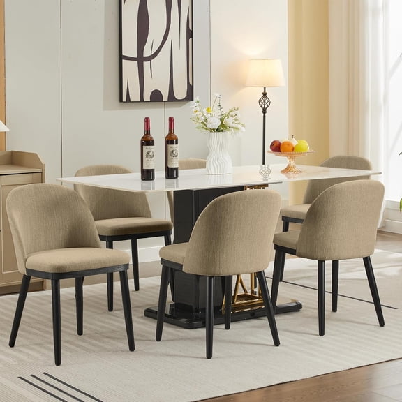 Upholstered Dining Chairs Set of 6,Modern Fabric Dinner Chairs with Wood Legs, Large Dining Room Kitchen Chairs with High Back and Deep Seat for Dining Room Kitchen Restaurant, Camel