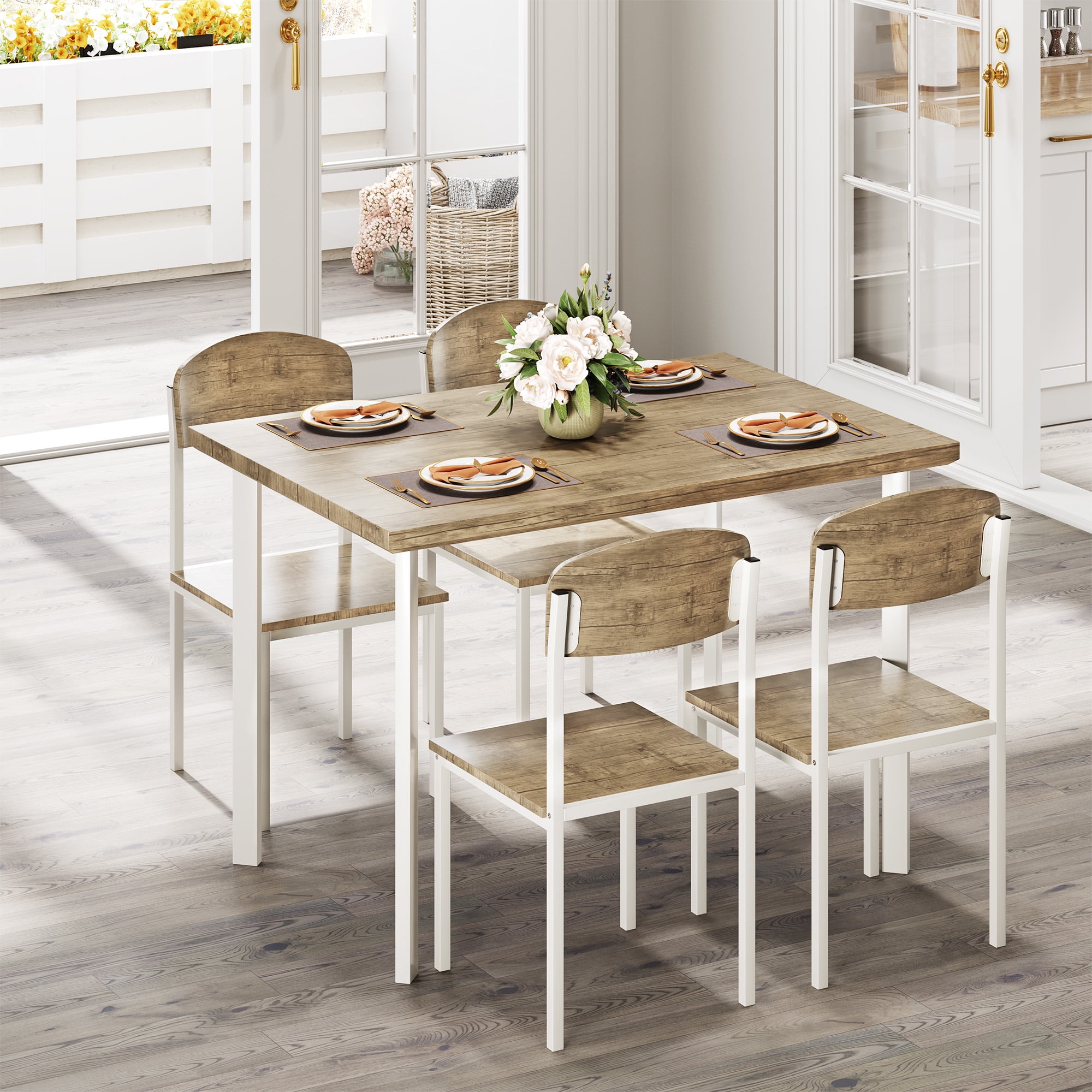Dextrus 5 Piece Dining Set, Modern Wood Metal 42" Rectangular Table and 4 Chairs,Kitchen Breakfast Furniture-Brown