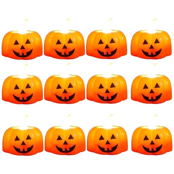Bougies Chauffe-Plat Citrouille Halloween 12 Pack à Piles Sans Flamme Bougies Chauffe-Plat LED Orange Décoration pour Fête d'Halloween Action de Grâce Fête Célébration