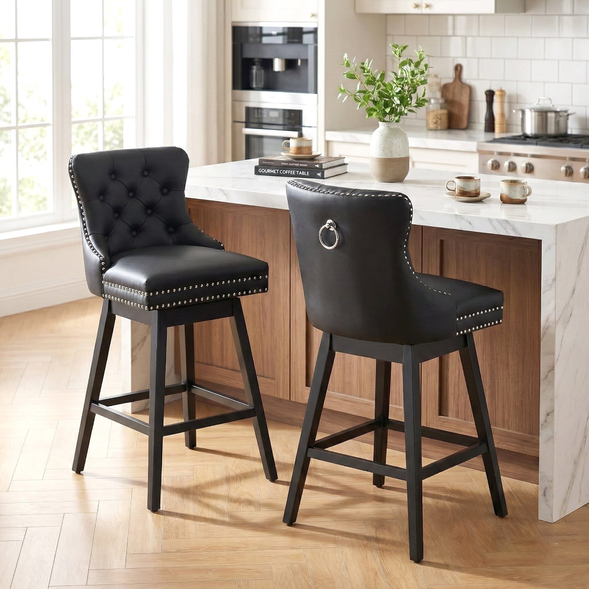 Fahomiss 26" Counter Height Swivel Bar Stools 1-pack, Faux Leather Kitchen Island Stools with Back, Black