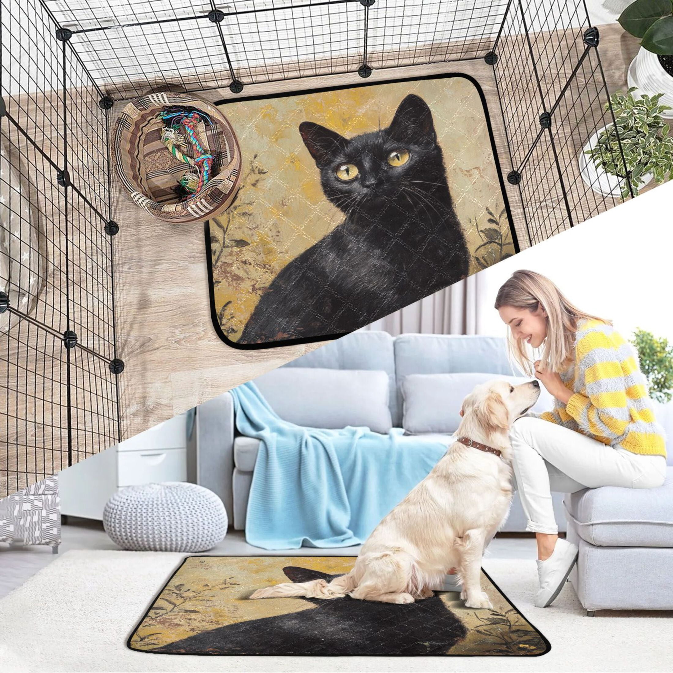 Qxltty Black Cat with Oil Painting Style Cat litter Pads Pet Set of 3 Diaper Mats Center Anti-leakage Layer Absorbent Soft and Comfortable