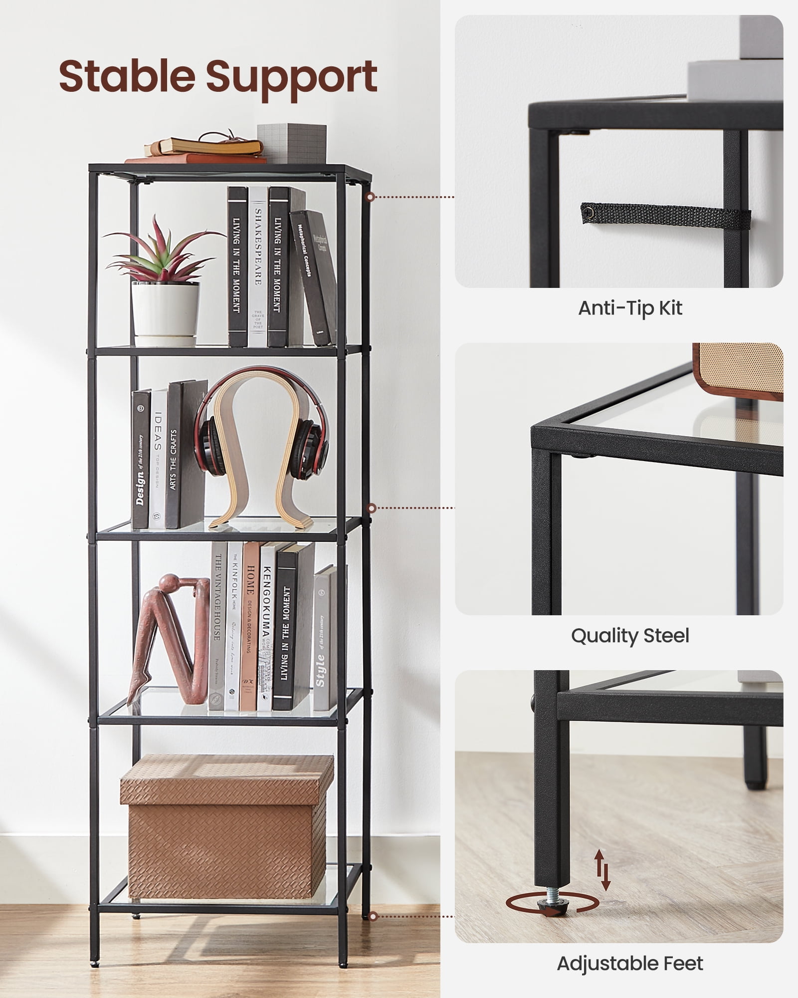 5-Tier Slim Bookshelf with Tempered Glass Shelves, Gold Steel Frame Narrow Shelving Unit, for Office Bathroom Bedroom, Ink Black