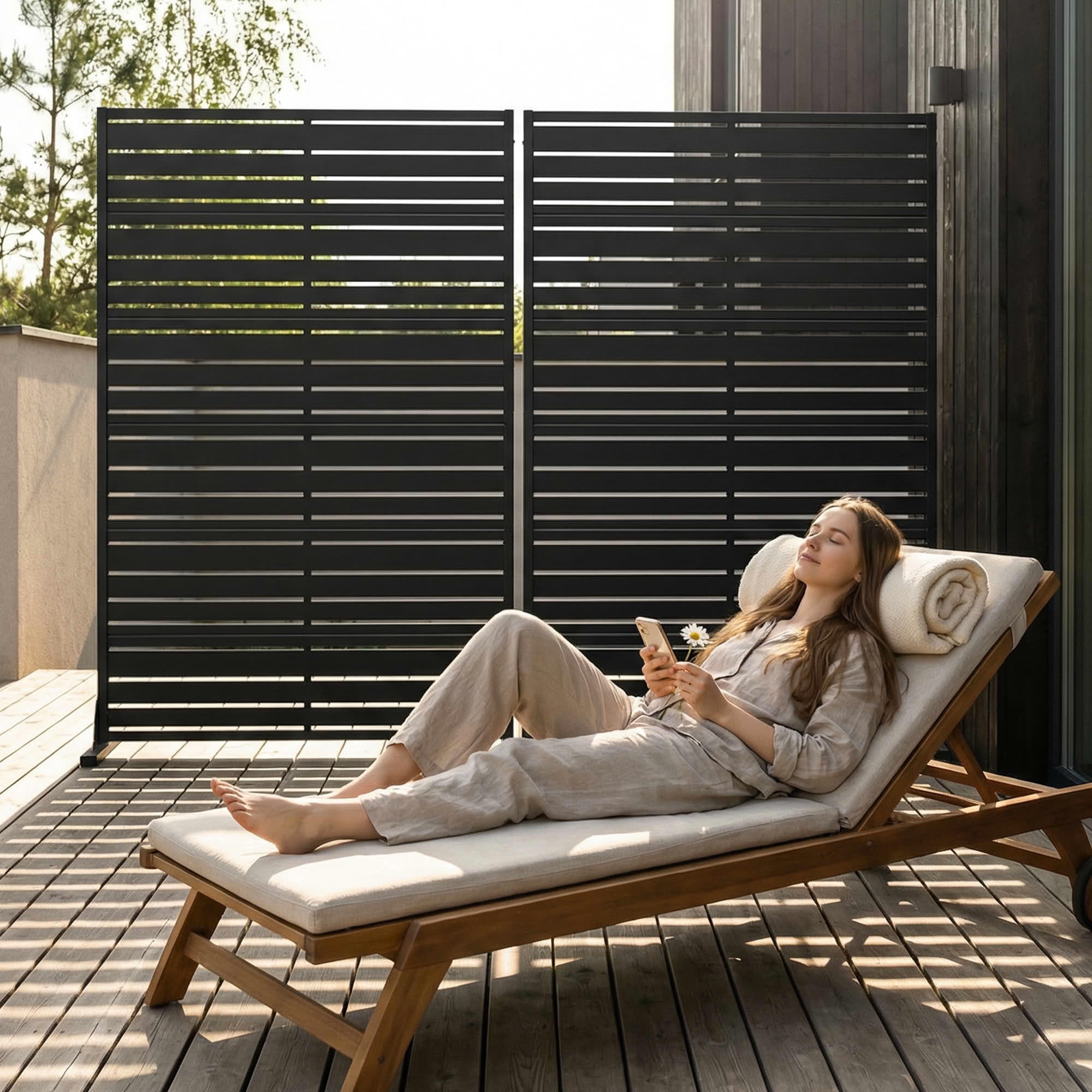 MAYEERTY 72"x47" Outdoor Privacy Screen, Black 6-Panel Galvanized Steel Louver Panel, Wide-Narrow Pattern, for Balcony Deck Garden