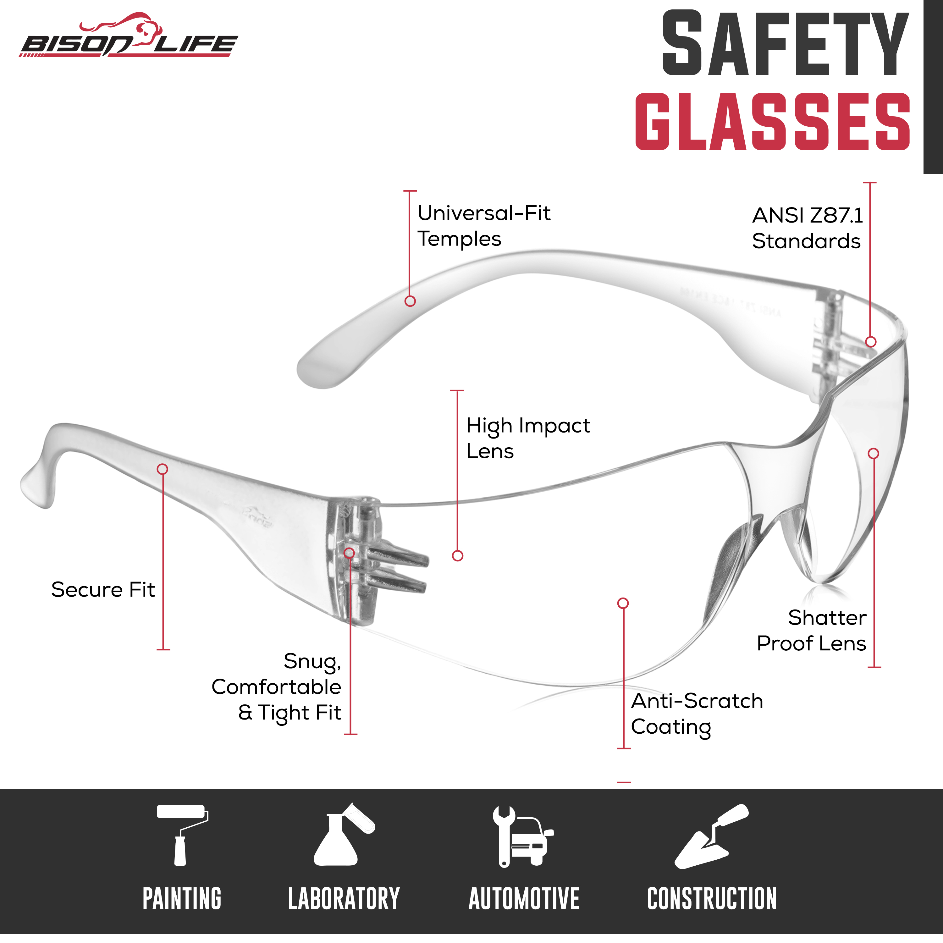 Bison Life Clear Safety Glasses, ANSI Z87.1, Pack of 12 photo 2