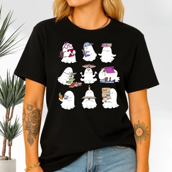 Women's Halloween Teacher T-Shirt, Spooky Reading Books Graphic Tee, Funny Bookish Tops, Causal Short Sleeve Shirt,Classic,cotton,black,S-5XL