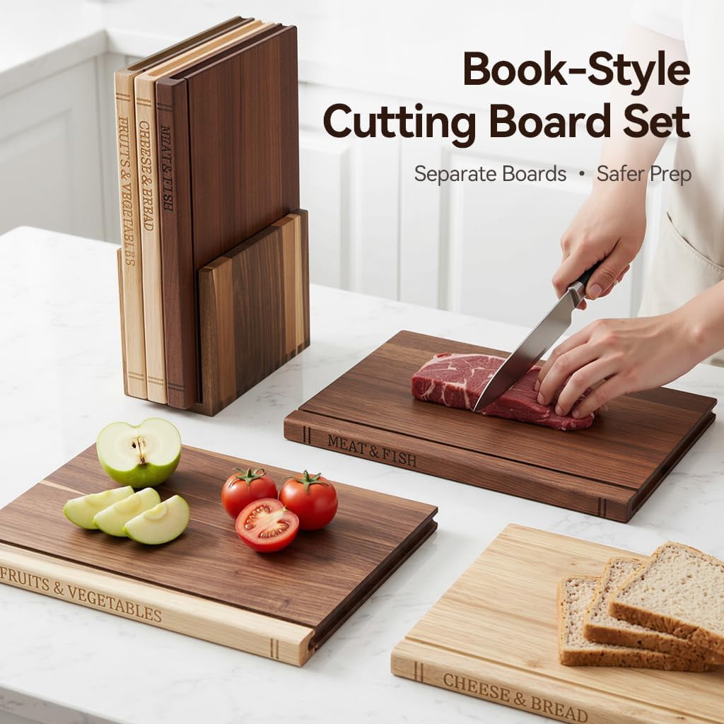 Book Cutting Board Set with Stand Engraved Labels for Kitchen,wood book cutting board set.