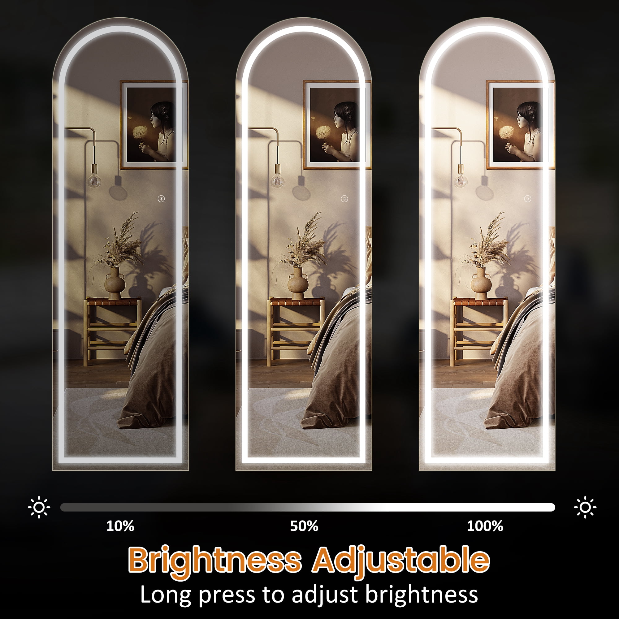 63"x20" LED Floor Mirror Aluminum Alloy Frame Arched Full Length Mirror with Bracket,Black