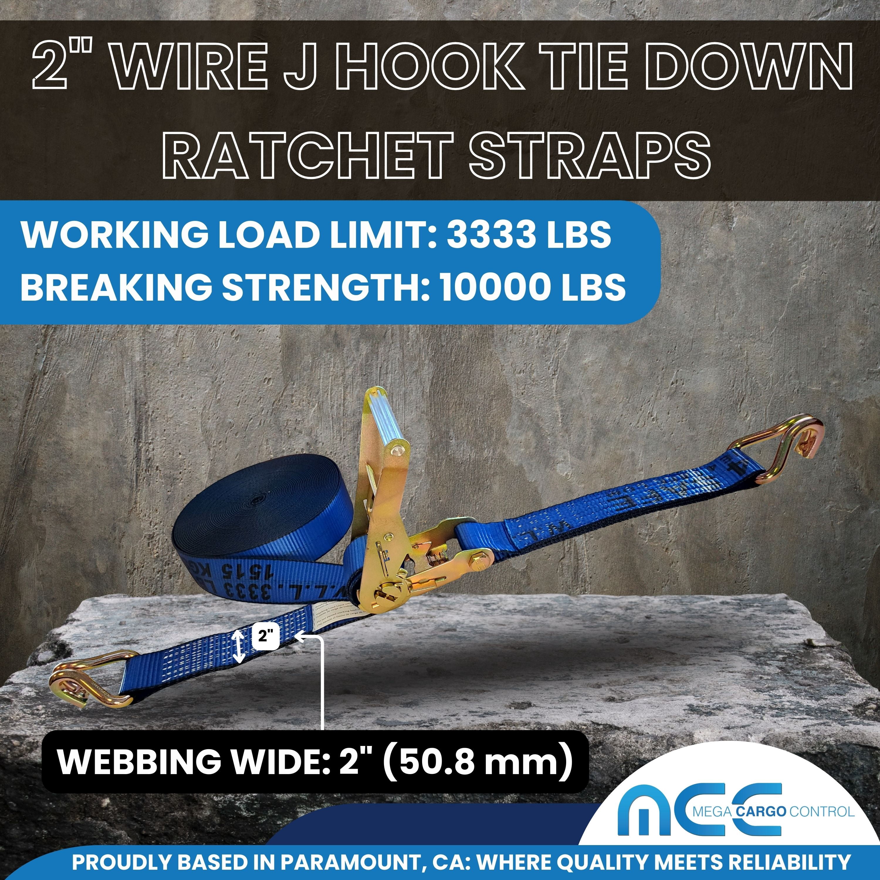 Mega Cargo Control USA Heavy Duty 2" x 50' Ratchet Strap J Hook Flatbed Truck Farm Tie Down 4 Pack