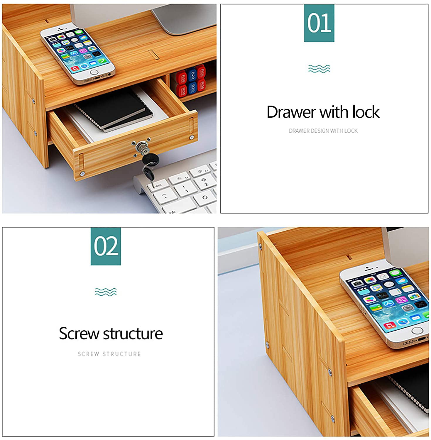 Hensych® Wooden Board Desktop Organizer Shelf Storage Boxes Detachable 2 Paper Files Holder/Magazine Slots and 4 Compartments Bins Original DIY 
