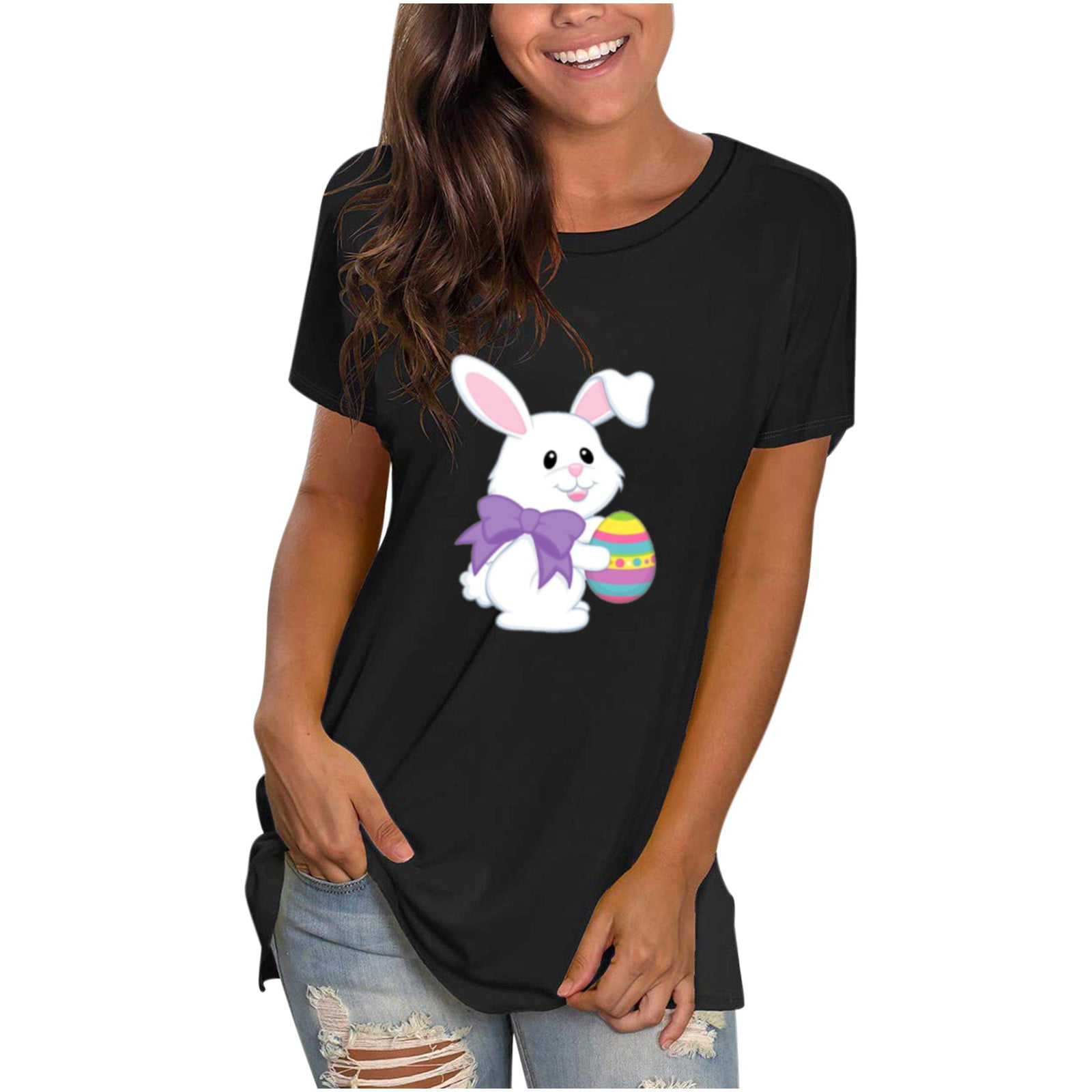 LWZWM Happy Easter Shirts For Women Funny Rabbit Bunny Shirt Easter Short  Sleeve Holiday Tee Round Neck Easter Bunny Costume Camp Shirt Casual Blouse  Hawaiian Shirts for Women Black M 