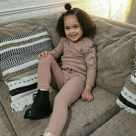 

Esho 2Pcs Toddler Girls Soft Comfy Cotton Knitted Sleepwear Pajamas Set Kids Ribbed Long Sleeve Ruffled Top + Pants Pjs Loungewear