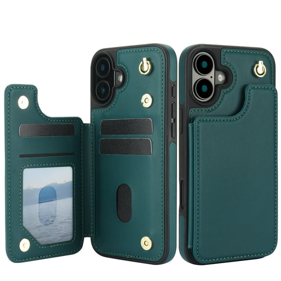For iPhone 16 Crossbody Wallet Phone Case,With Shoulder Strap,Card Slots,Back Double Magnetic Clasp PU Leather Flip Kickstand,Durable Shockproof Anti-fall Phone Case Cover,Green