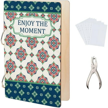 Enjoy the Moment Greeting Card Organizer Planning Book Binder Card Keeper Folk Flowers Card Holder Wedding Planner Journal Wooden Loose Leaf Photo Album 2-Rings 1-Punch 20-Card Pockets