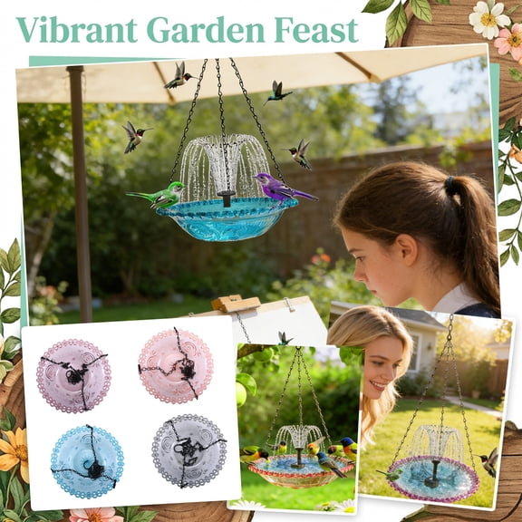 Solar Bird Bath Fountain Pump, 12inRound Ceramic, Hanging Bird Bath, Outdoor Water Fountain, Black ChainforHanging, Bird Decor, Garden Decorations Outdoor, Patio Decorations