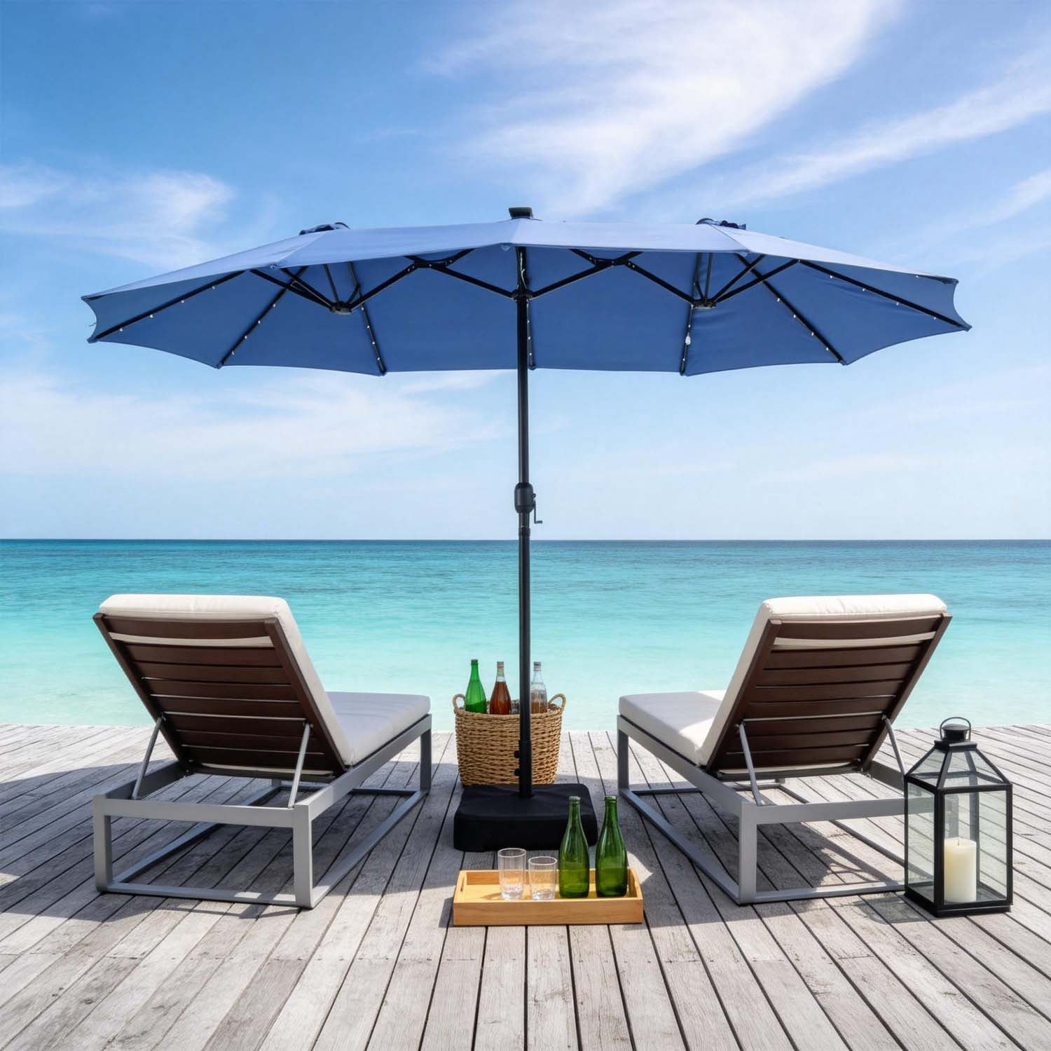 BaPiPro 15FT Blue Large Double Head Patio Umbrella, Waterproof UV & Tear Resistant Fabric, Windproof Reinforced Steel Frame, Easy Hand Crank for Patio, Pool, Garden & Deck