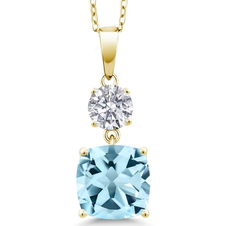 Gem Stone King 18K Yellow Gold Plated Silver Sky Blue Topaz and Lab Grown Diamond Pendant for Women | 4.99 Cttw | Gemstone November Birthstone | Cushion 10MM