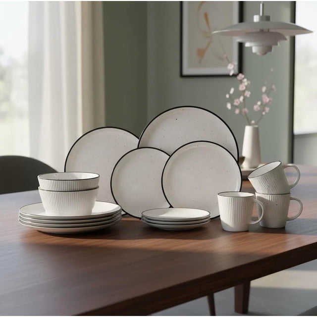Red Velvet Vajilla de Cerámica - Set de 16 Piezas para 4 Personas | Platos Llanos, Platos de Postre, Cuencos de Cereal/Sopa y Tazas | Diseño Elegante, Resistente y para Uso Diario