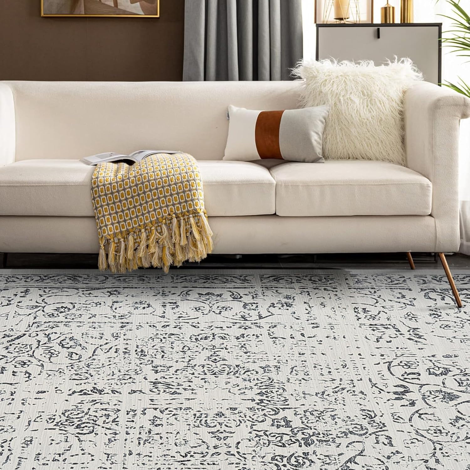 Area Rug 8x10 Washable Rug Grey Vintage Rug Traditional Floor Cover Thin Rug Retro Indoor Distressed Non Slip Carpet Floral Print Mat Dining Room