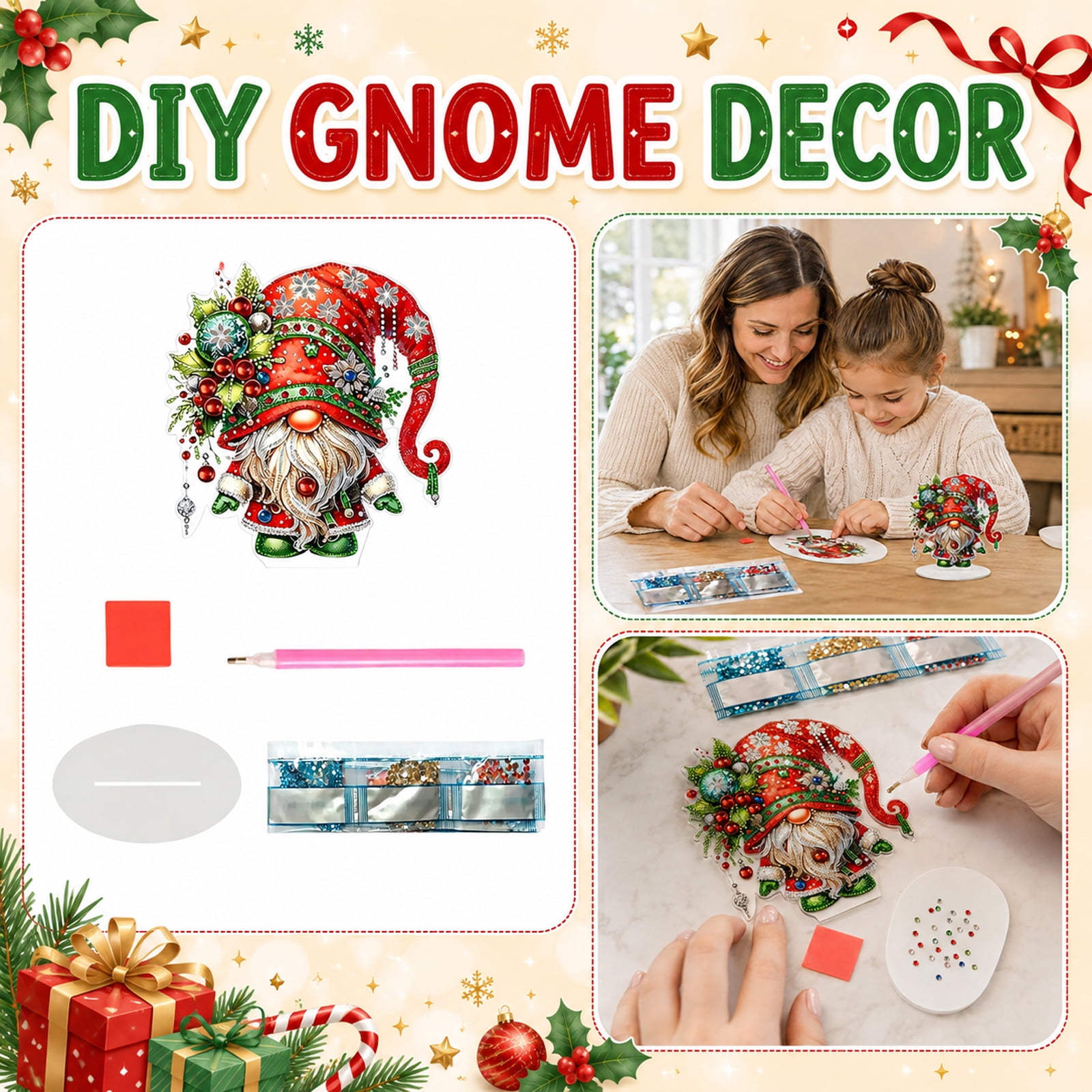 DIY Gnome Diamond Painting Kit with Acrylic Stand 3D Pearl Bead Art Craft for Adults Gnome Home Tabletop Decor Gemstone Dots Painting Set with Tools Seasonal Desktop Ornament