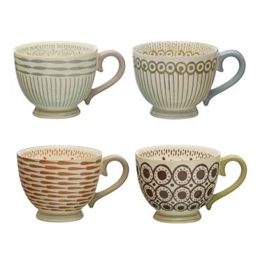 Creative Co-Op Stoneware Mugs with Painted Patterns, Set of 4 Styles, Multicolor