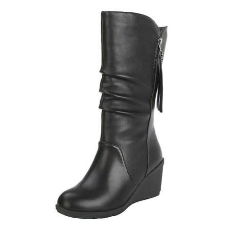 

Qufokar Women Riding Boots Wide Calf Ride Womens Boots Mid Calf Low Heel Wide Calf Women S Plush Autumn And Winter New Round Head Leather Square Heel Vintage Pull Wedge Chain Mid Boots