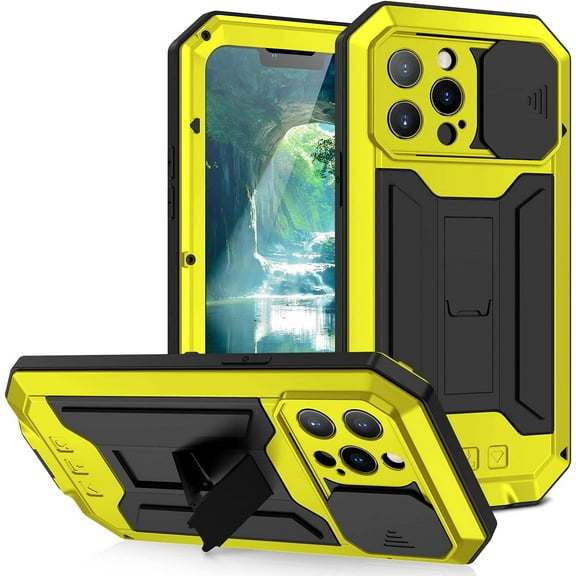 for iPhone 13 Pro Case,Aluminum Metal Silicone Built-in Kickstand Shockproof Military Heavy Duty Sturdy Protector Cover Rugged Metal Hard Case for iPhone 13 Pro 6.1 inch(Yellow)