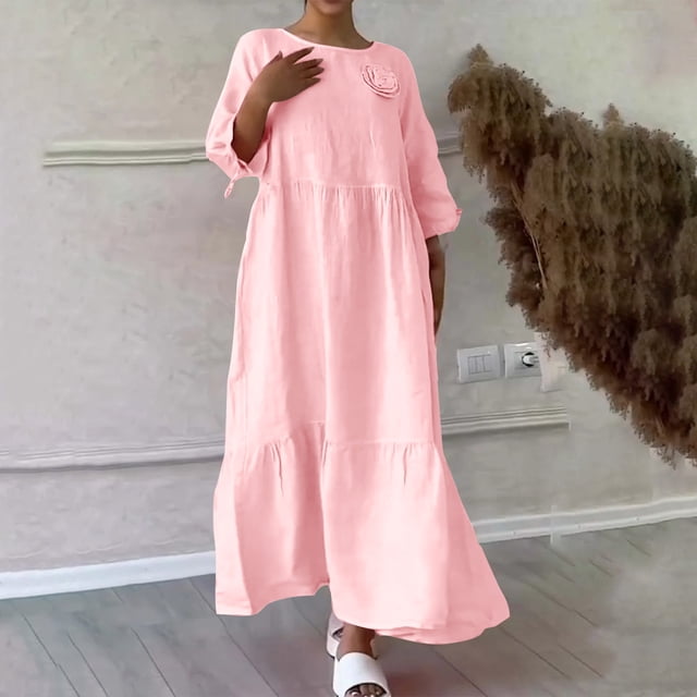 Gspmoly Robes pour Femmes, Robe à Manches Longues Décontractée en Lin Uni à Col en V pour le Printemps et l'Été avec Poches, Robes de Cocktail pour Femmes jusqu'à 65 % de Rabais