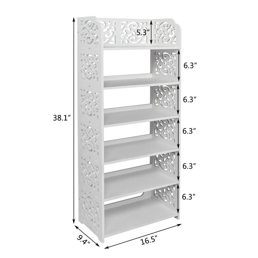 Tcbosik 6-Tier Carved Shoe Rack, Wood-Plastic Waterproof Storage Shelf for Shoes, Plants & Decor, 16.54"W Easy-Install Organizer for Home Entryway or Bedroom (White)