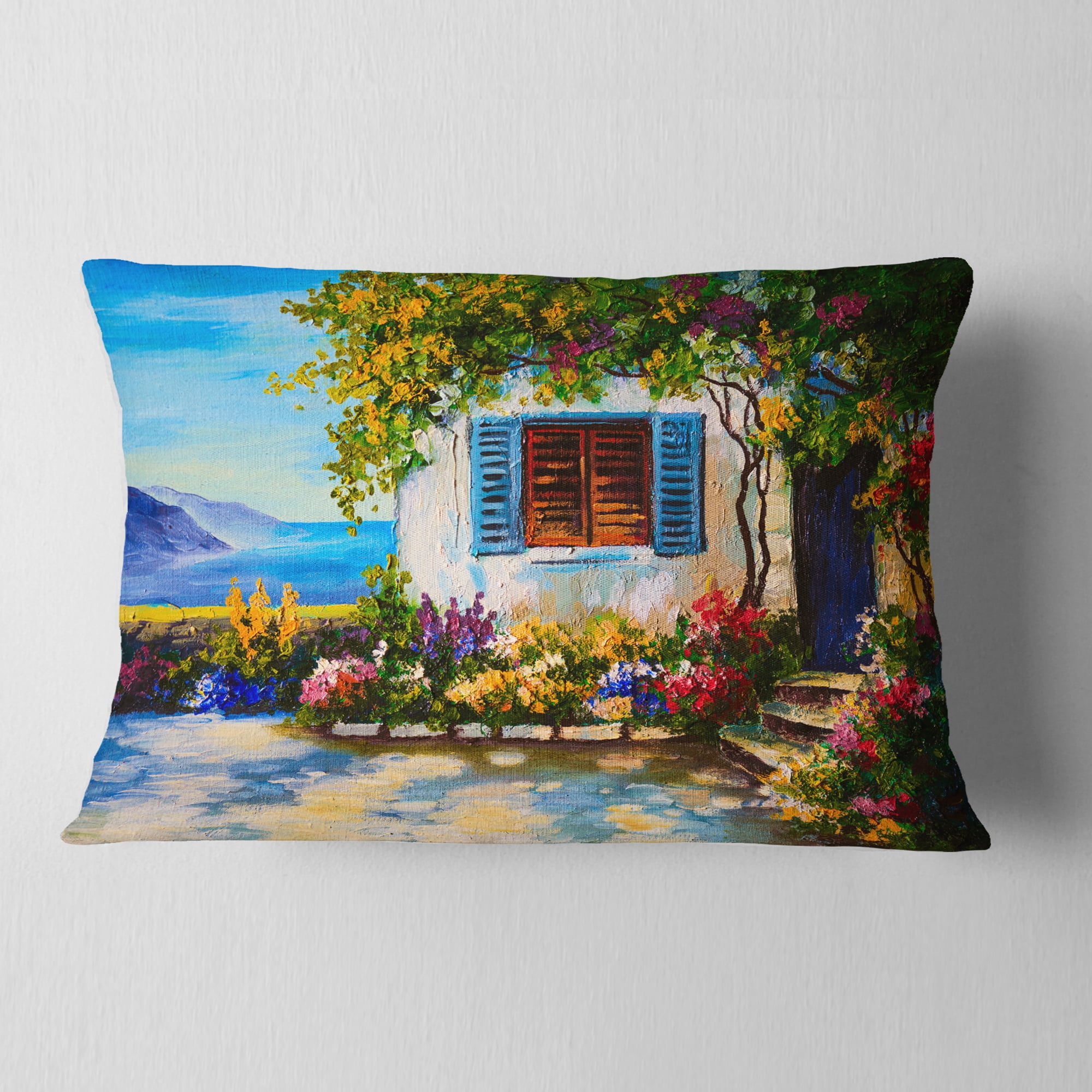 Designart House Near Sea Oil Painting - Landscape Painting Throw Pillow - 12x20