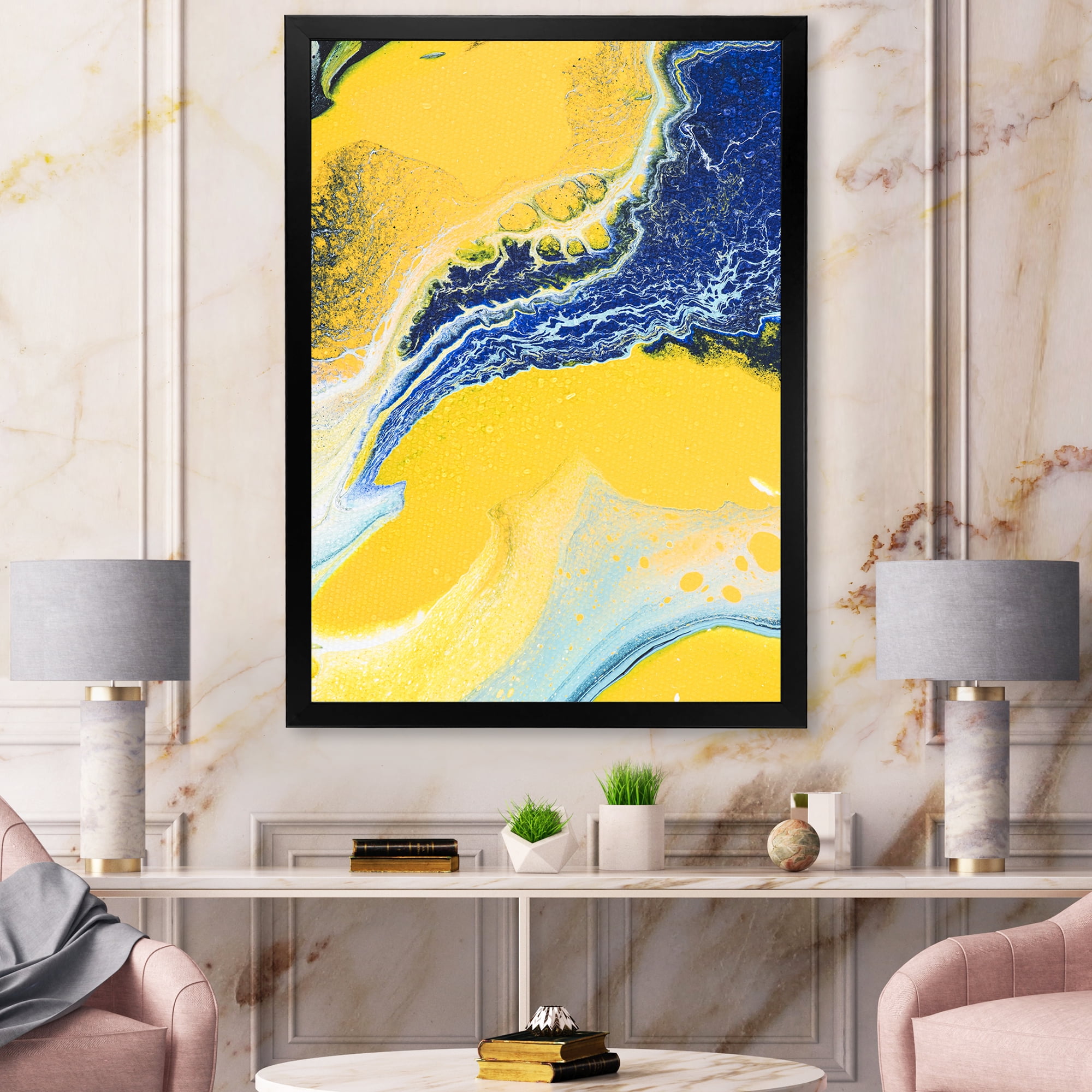 Designart 'Abstract Composition In Blue and Yellow VII' Modern Framed Art Print