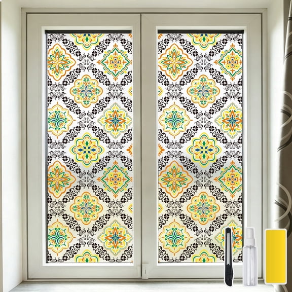 DKTIE 17.7" x 78.7" Sicilian Tile Decorative Window Privacy Film, Static Cling Stained Glass Window Film, UV Blocking Heat Control Window Tint with Installation Tools for Home Bathroom