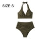 thumbnail image 2 of Traje de baño de bikini sólido Traje de baño de playa de verano Vientre dividido que cubre el cuello plisado con cordones traje de baño, 2 of 7