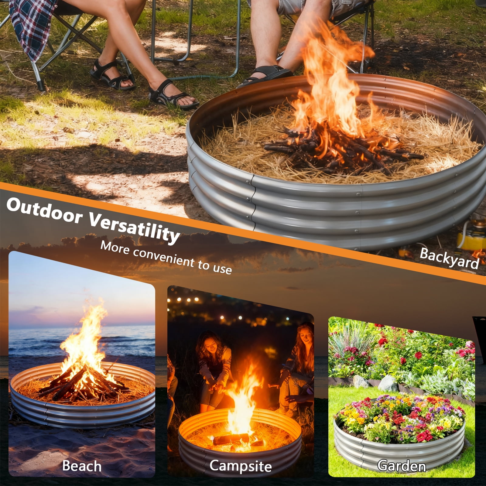 Jacgood 5FT Diameter Camp Fire Ring Pit, Large Round Galvanized Steel Fire Pit, Heavy Duty Steel Fire Pit Silver for Backyard, Camping, Bonfire，59in Diameter