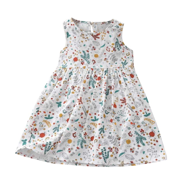 XASZHN Robe d'Été Décontractée pour Enfants Robe d'Été pour Filles Robe Décontractée de Princesse Sans Manches à Imprimé Floral Robe de Plage en Coton pour Enfants Blanche 3-4 Ans Robes d'Été Décontractées pour Filles