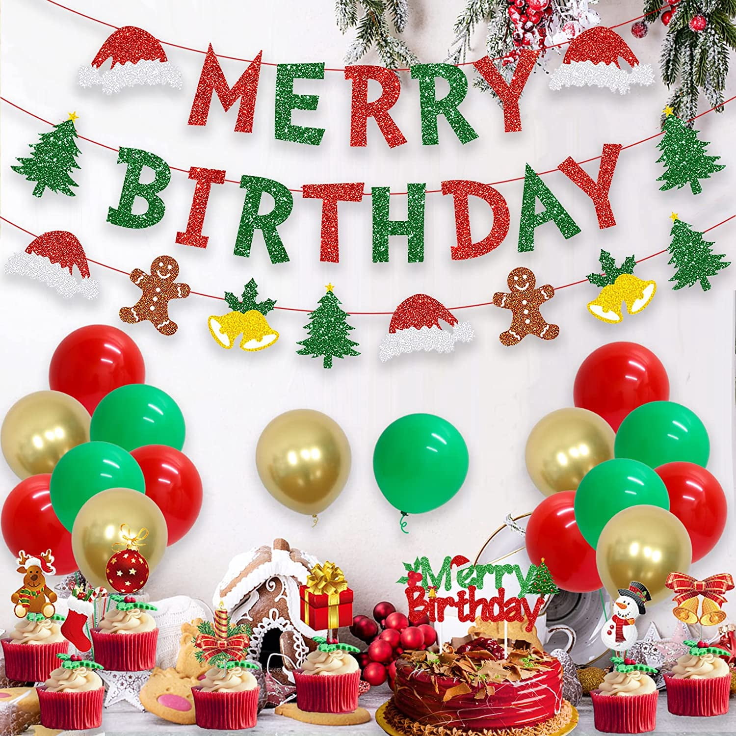 Christmas Birthday Party Supplies Christmas Balloons Red Green Merry Birthday Banner Christmas Theme Garland Cake Toppers for Xmas Eve Decor Winter Party Merry Birthday Decorations