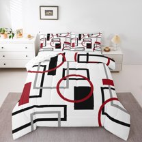 Manfei Pink Black Geometric Full Size Comforter Sets, Square Rectangle Circle Bedding Comforter Set, Abstract Stripe Reversible Bedding Sets, Lightweight Room Decor, 3-Piece