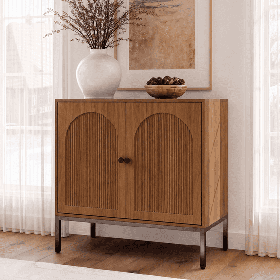 Brafabhome Modern Fluted Arched Buffet Cabinet with Storage, 31.5" Wide Wooden Modular Sideboard Cabinet with Adjustable footpads for Living Room Dining Room | Walnut