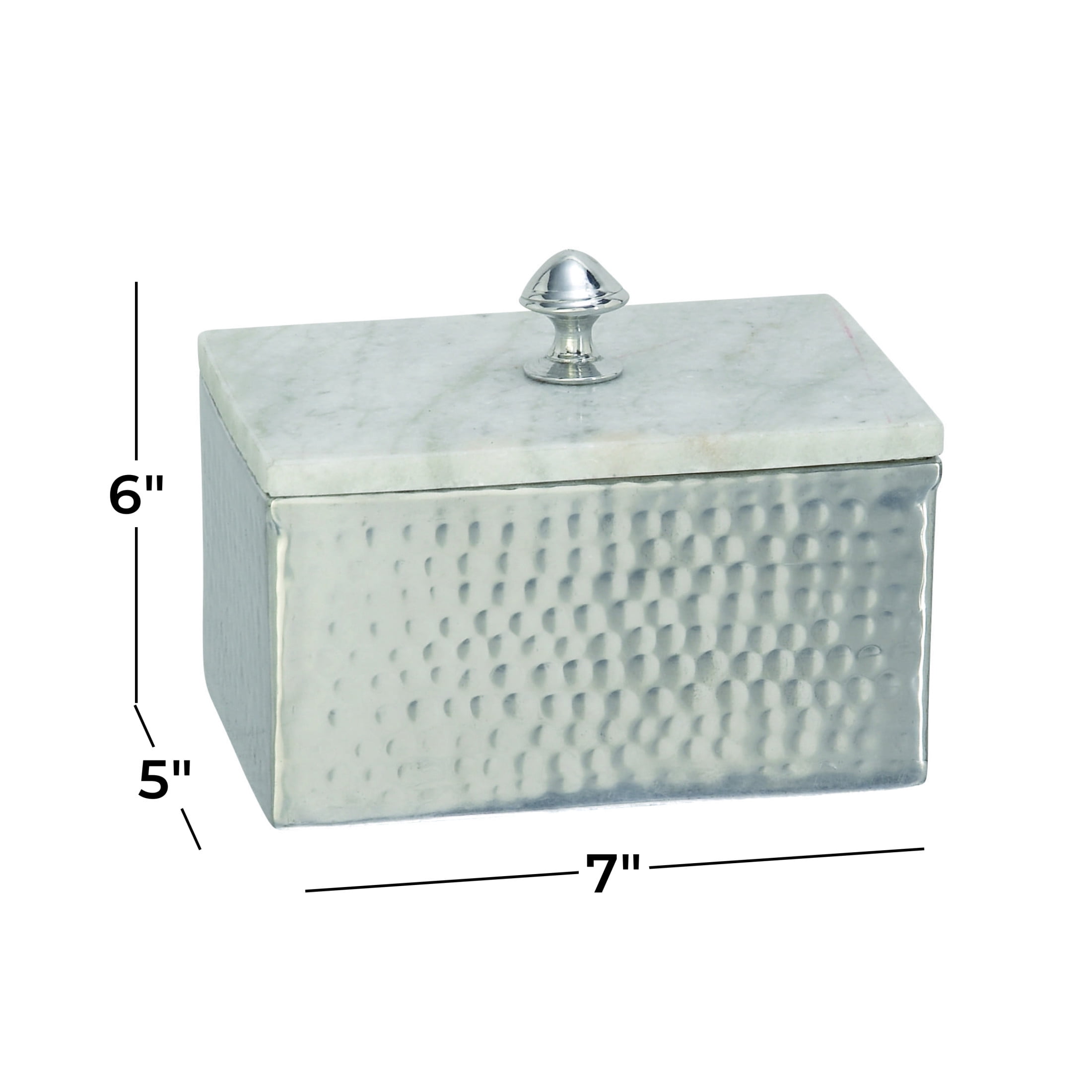 DecMode Hammered Silver Aluminum Metal Decorative Jewelry Box with White Marble Lid