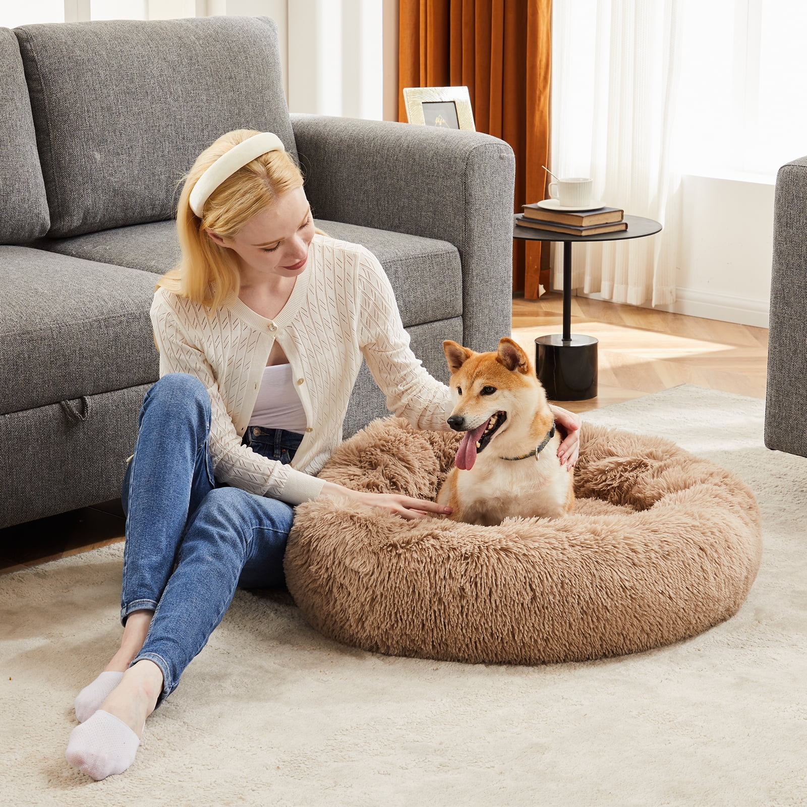 GIANNA Calming 30” Donut Dog Bed for Large Dogs, Soft Warm Cozy Plush Round Fluffy, Machine Washable, Brown