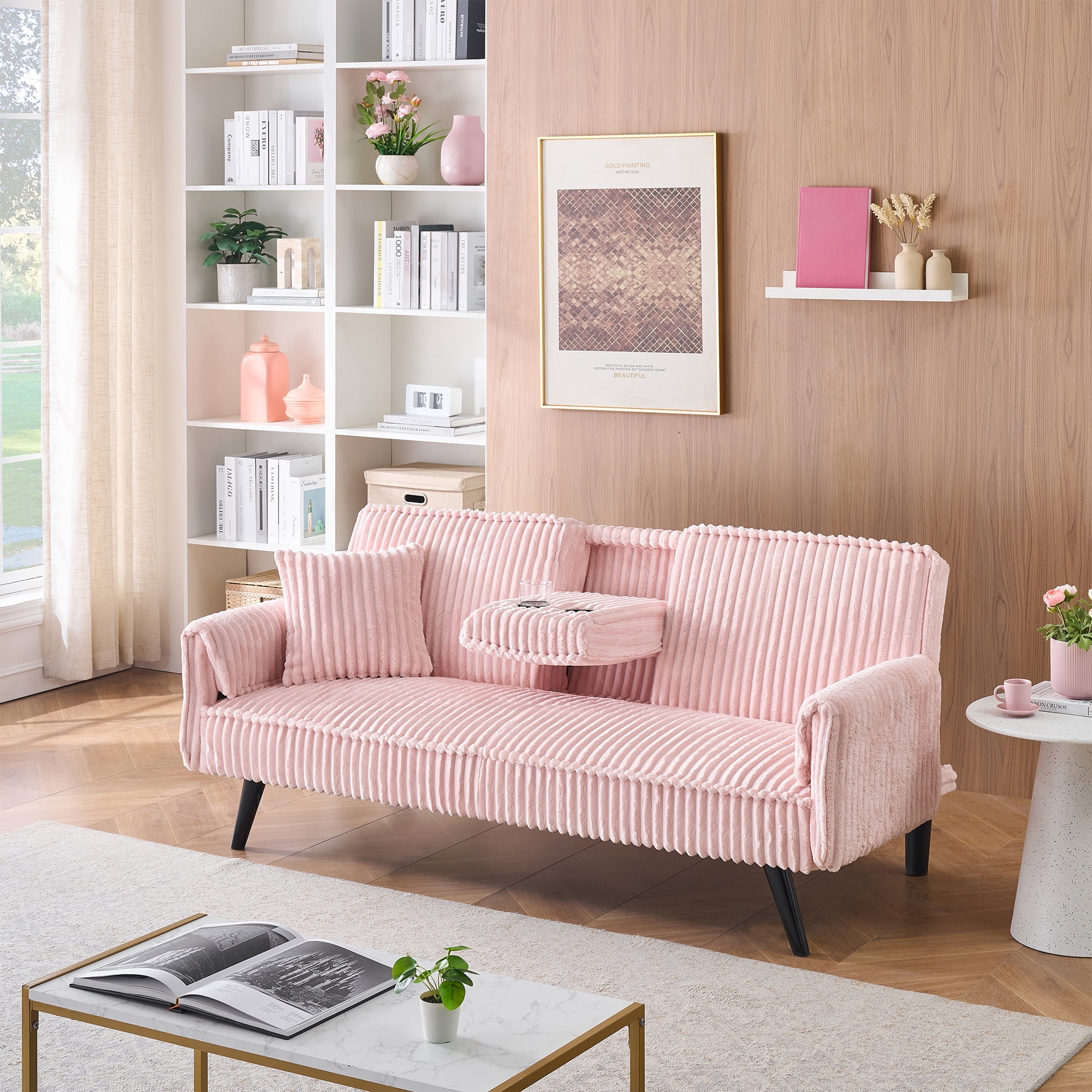 BSHTI 72" Corduroy Sofa Bed with Pull-Out Cup Holder, Adjustable Back, Straight-Line Design for Living Room（Pink）