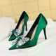 thumbnail image 3 of Zapatos de tacón puntiagudos de satén para mujer, de moda, para banquetes, con boca poco profunda, puntiagudos, con lazo de diamante, tacones altos clásicos, 3 of 5