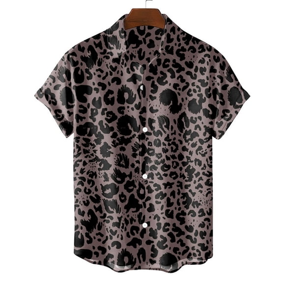 Mens Button Up Shirt Leopard Print Short Sleeve Turn Down Collar Shirts Summer Lightweight Top Bronze XXL