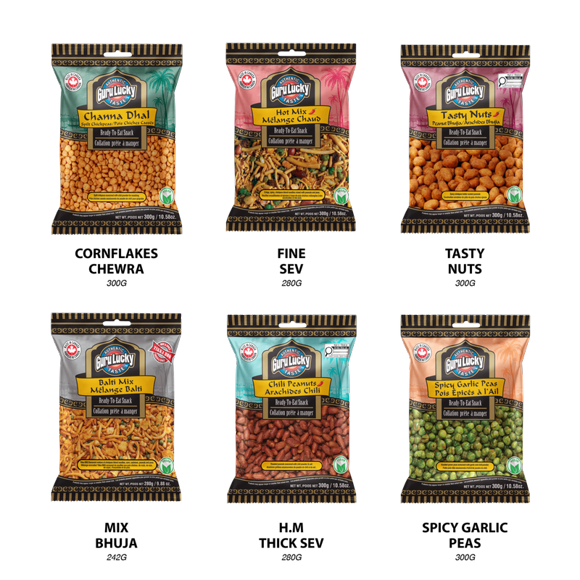 Gurulucky - 6 Assorted Snack Pack [Chili Peanuts, Spicy Garlic Peas,Tasty Nuts, Balti Mix, Hot Mix, Channa Dhal]
