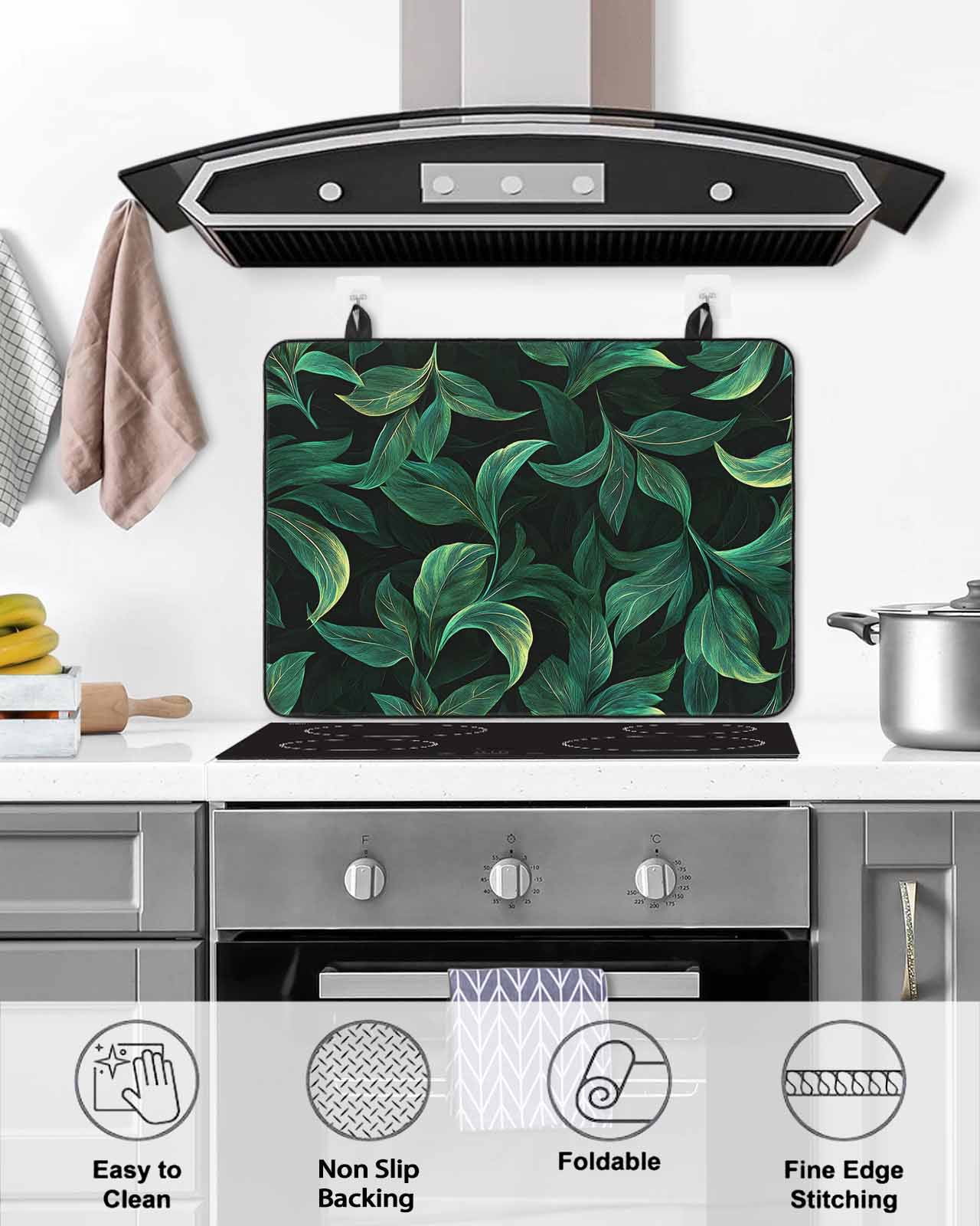 nqOlkjepod Large Induction Cooktop Protector Mat 36"x21", Green Leaf Stove Top Covers for Electric Stove, Nature Vines Branch Summer Tropical Plant Stove Burner Cover Mats, Glass Top Stove Cover