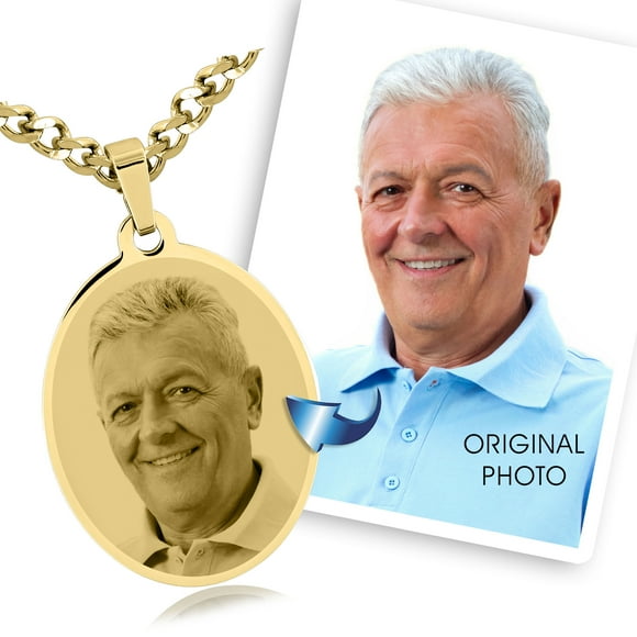 Photos Engraved - Custom Photo Engraved Large Oval Pendant in Gold IP Plated Stainless Steel - Free reverse side engraving - 18 in chain included - W-LOST-IP